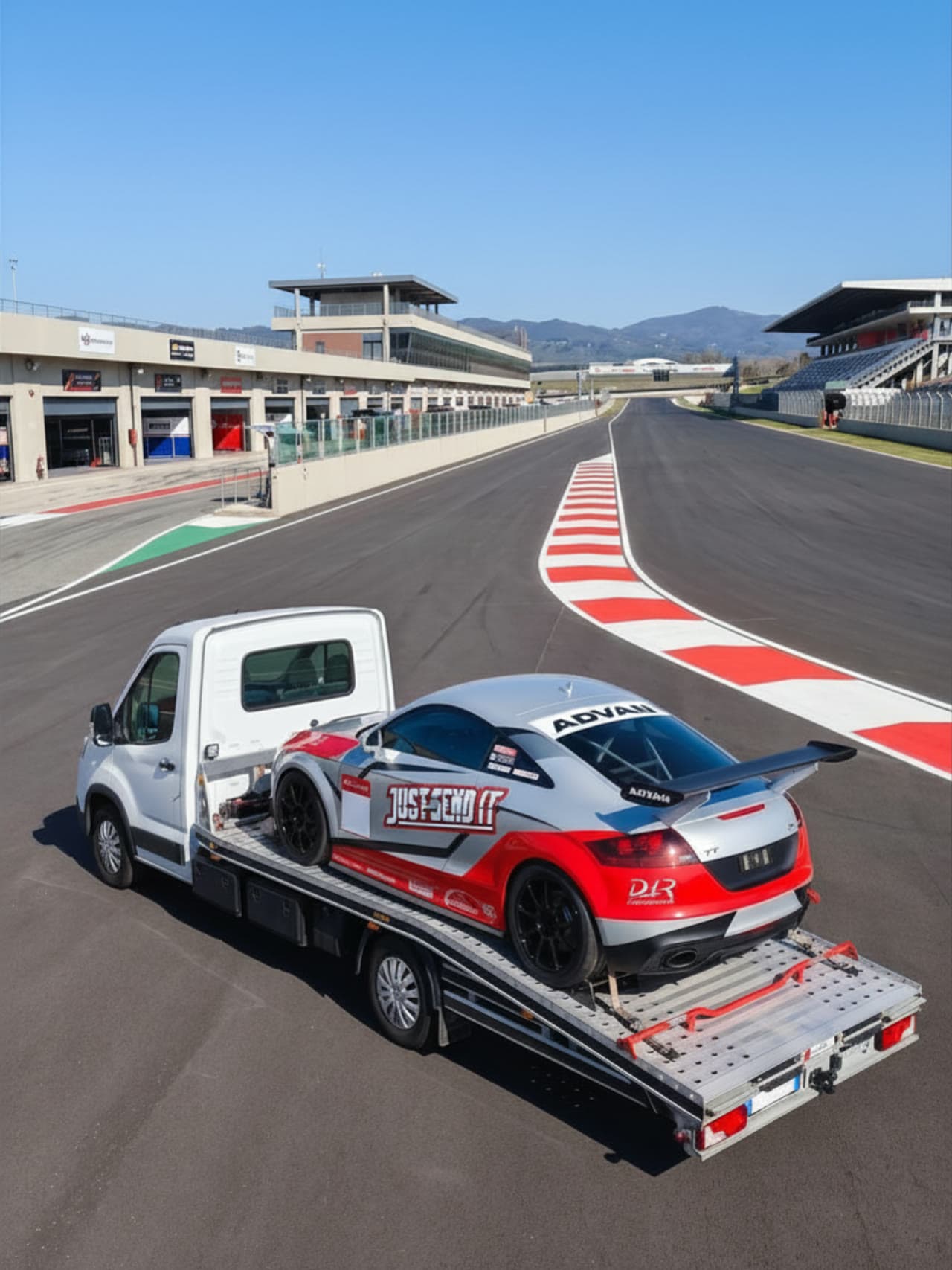 Auto da corsa sul pianale del carro attrezzi FTM Group in circuito