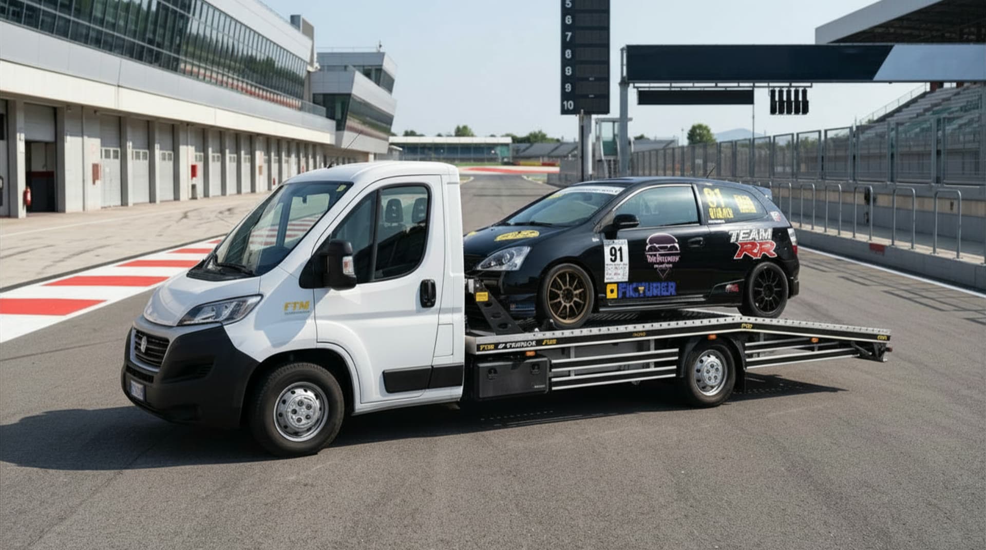 Auto da gara caricata sul pianale del carro attrezzi FTM Group in pit lane