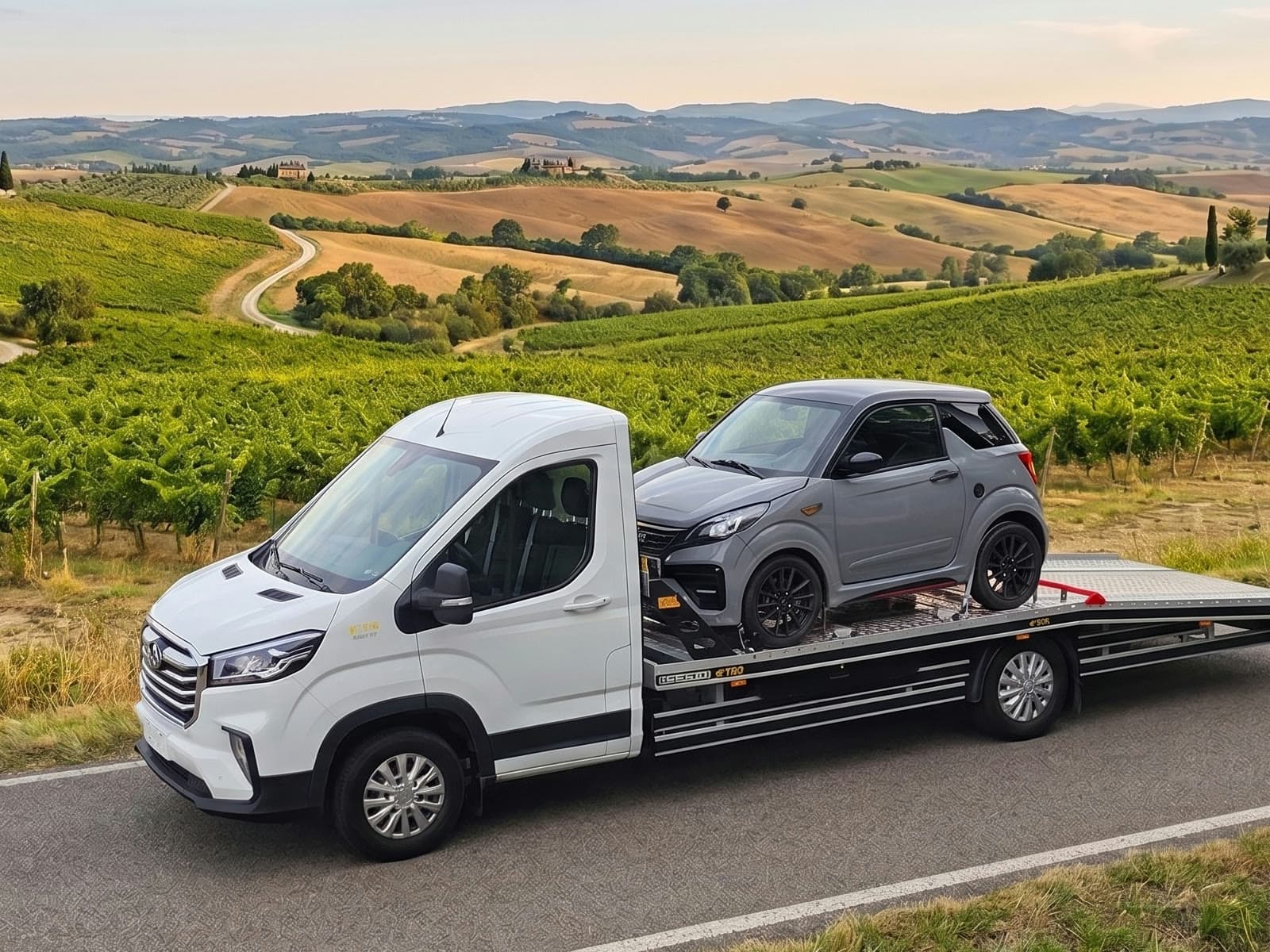 Microcar trasportata sul pianale del carro attrezzi FTM Group tra le colline