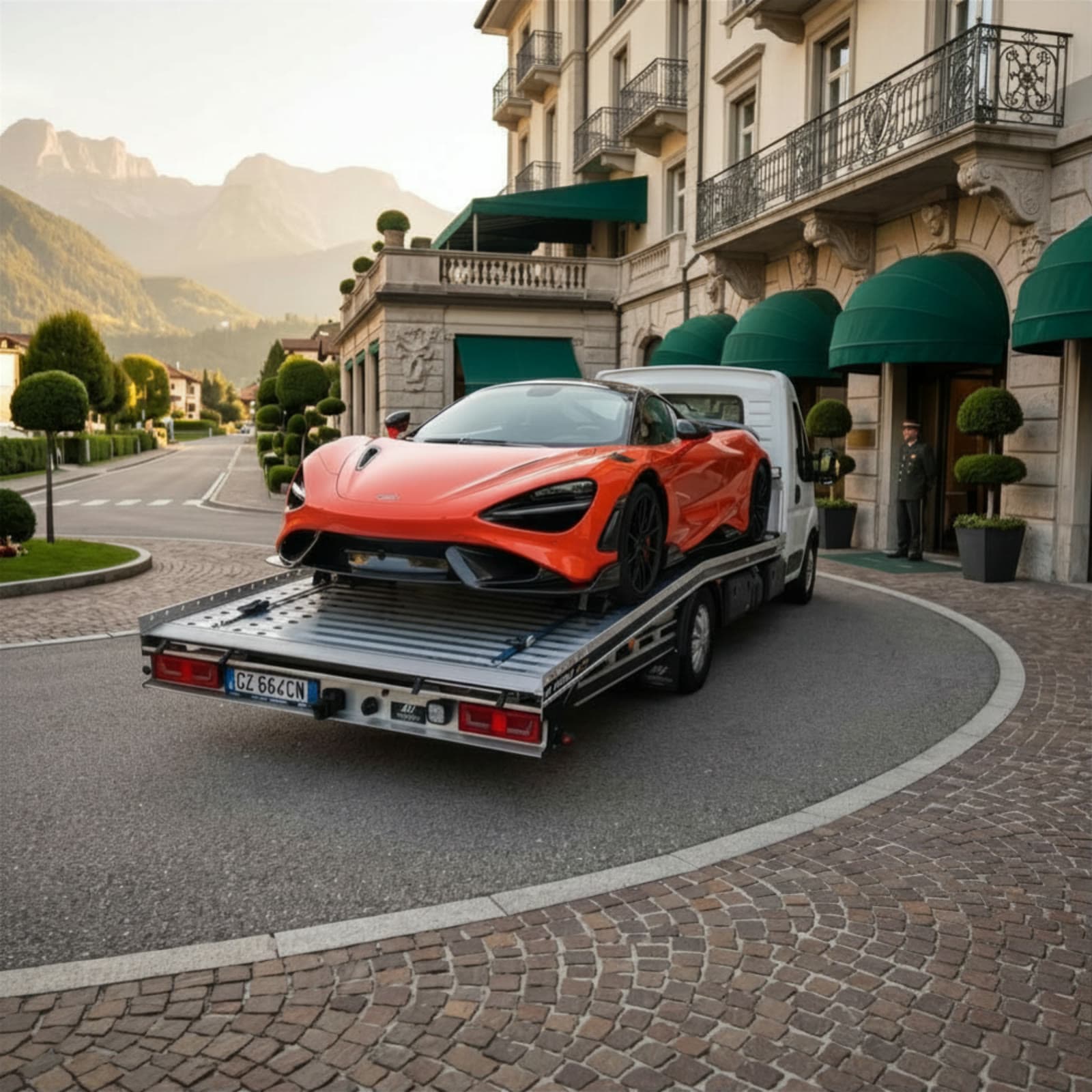Supercar McLaren consegnata con il carro attrezzi FTM Group davanti a un hotel di lusso
